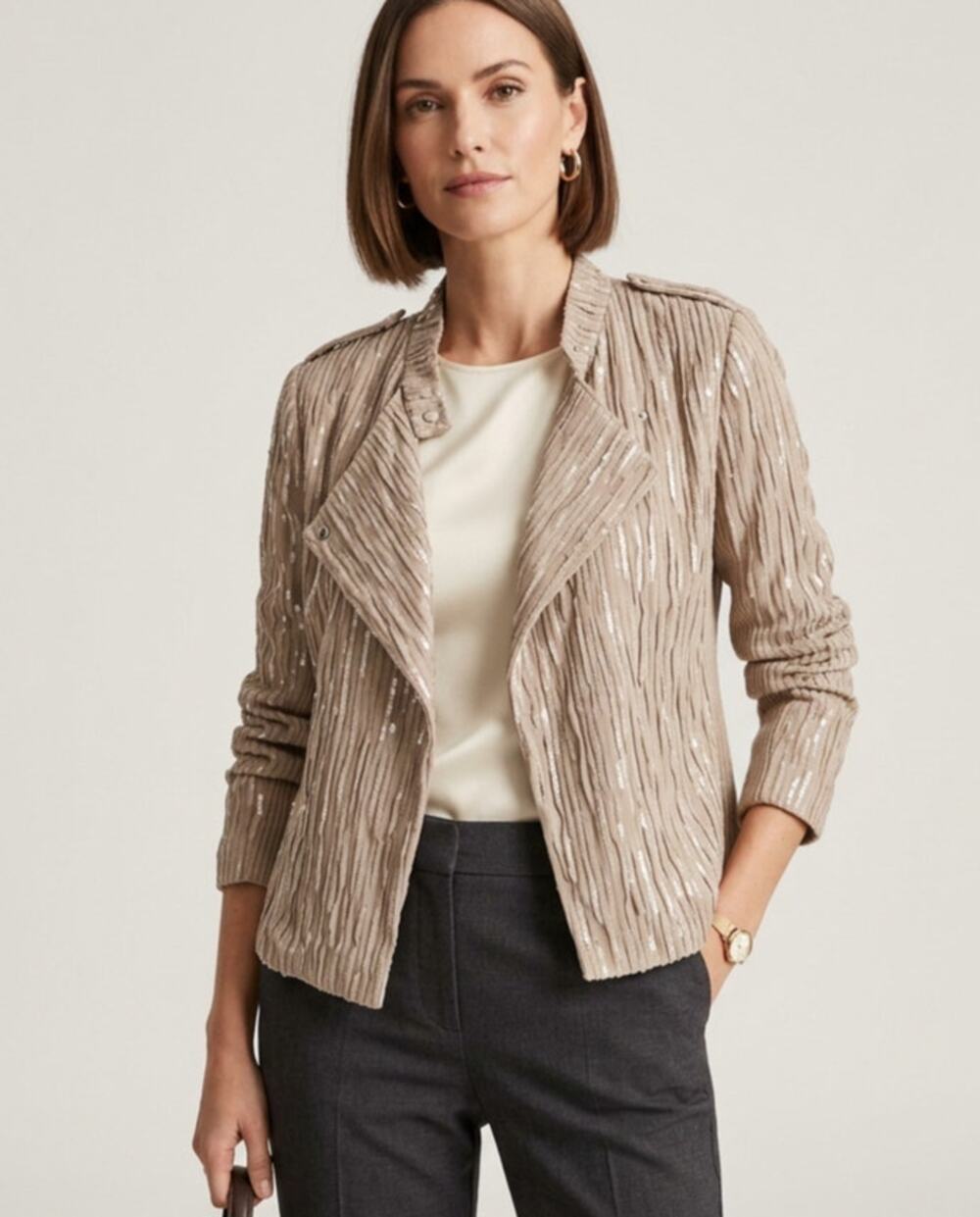 NWT Ann Taylor Jacket sz 12 Sequined‎ Moto wool Rib Knit Femme Motorcross Beige